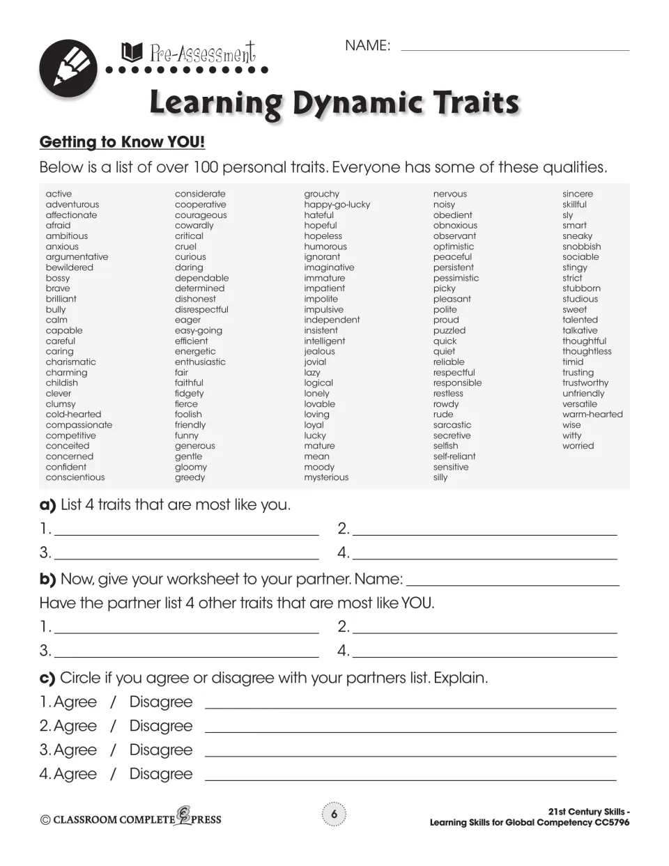 Getting to Know YOU! pre-assessment asks students and partners to select personal traits and compare choices