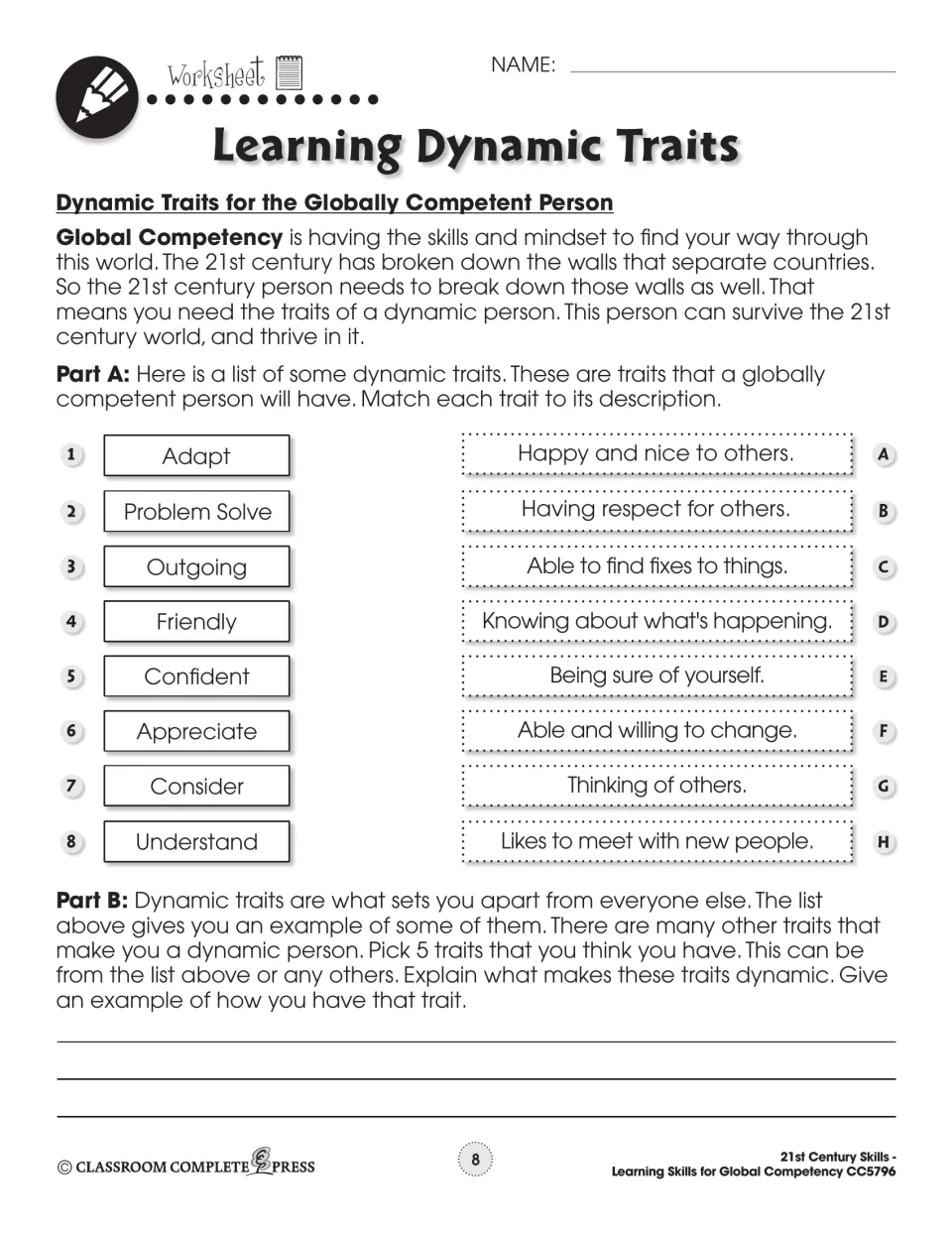 Dynamic traits worksheet asks students to match eight traits to meanings and explain five traits they have