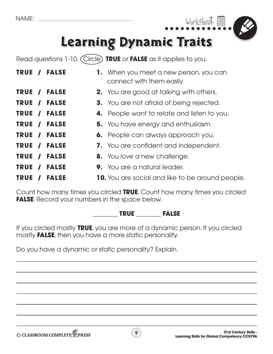 Personal traits questionnaire presents 10 true-or-false statements and a dynamic or static personality reflection
