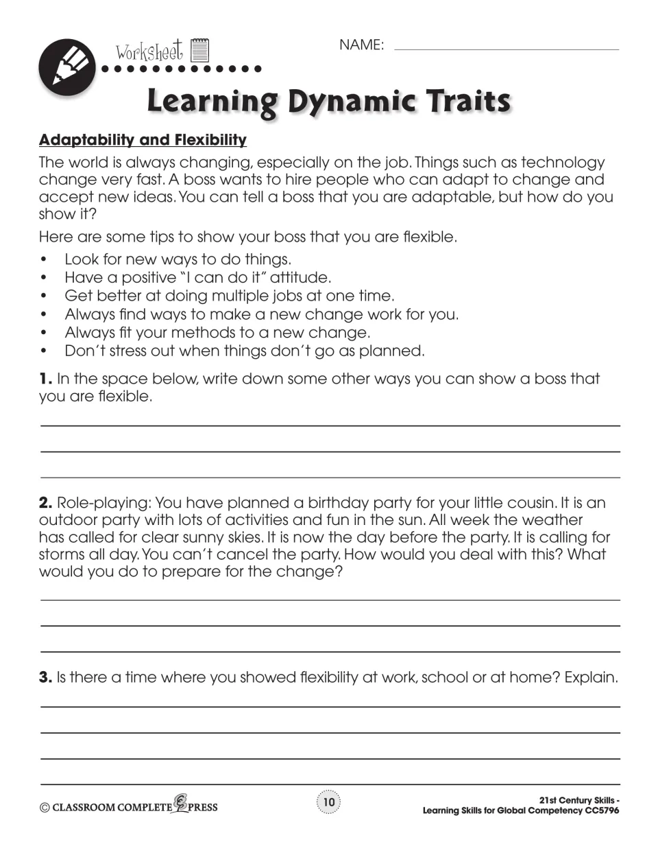 Adaptability and Flexibility worksheet includes workplace tips and a role-play about storms changing party plans