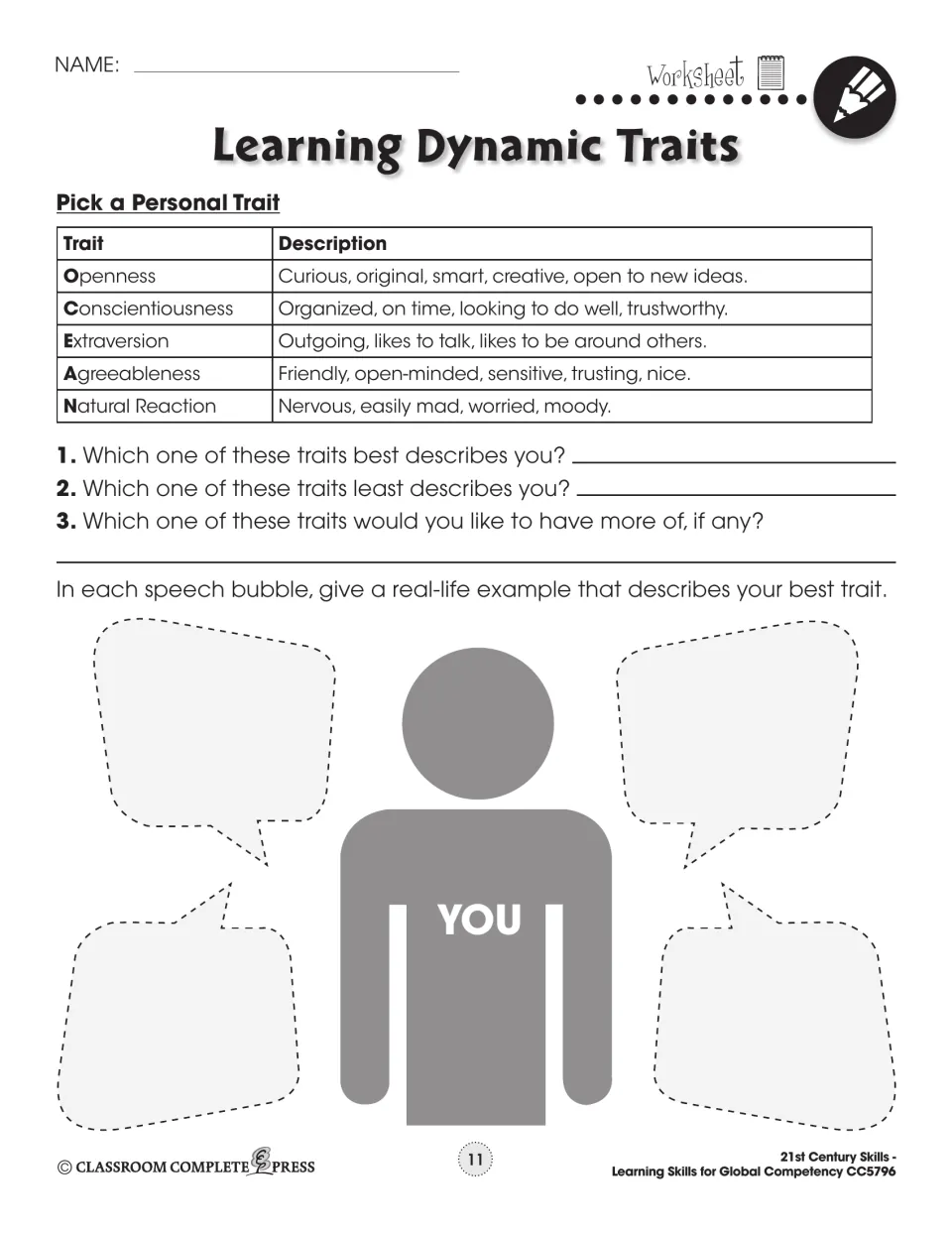Pick a Personal Trait worksheet defines five traits and asks students to identify theirs with real-life examples