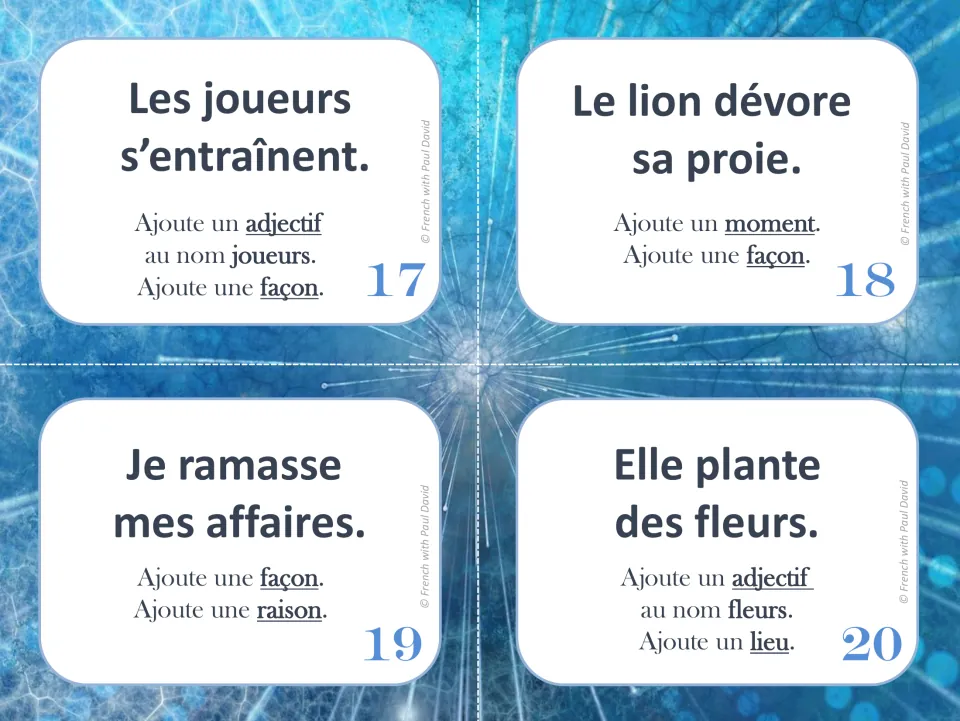 Cards 17-20: students build on Les joueurs s'entraînent, Le lion dévore sa proie and more with a manner, moment or place