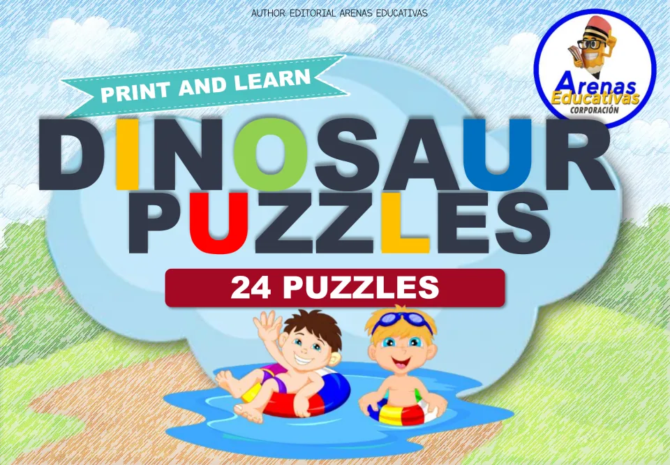 Cover of the dinosaur number puzzle resource, labeled 'Print and Learn' and '24 Puzzles,' by Arenas Educativas