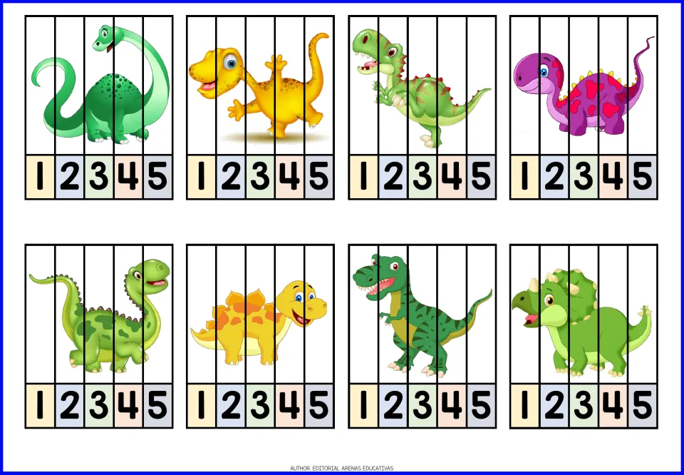 Dinosaur puzzles 1–8, each numbered 1–5, featuring green long-necked dinosaurs and a green horned dinosaur