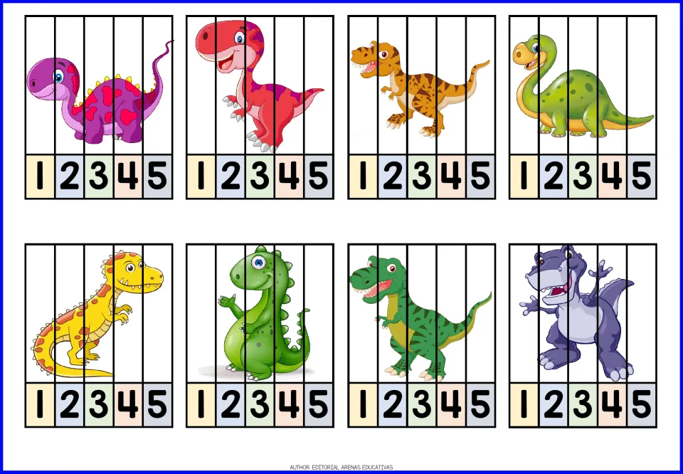 Dinosaur puzzles 9–16, each numbered 1–5, featuring a red dinosaur, a striped dinosaur and a purple dinosaur