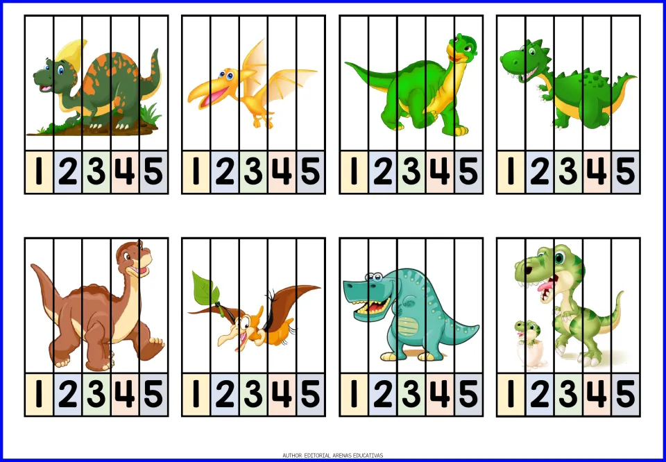 Dinosaur puzzles 17–24, each numbered 1–5, featuring two flying reptiles and a dinosaur beside a hatchling