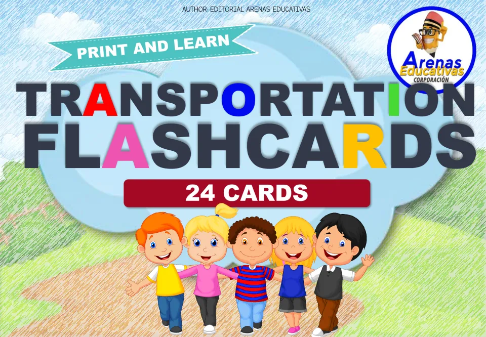 Transportation flashcard cover with the headings 'Print and Learn' and '24 Cards' by Arenas Educativas