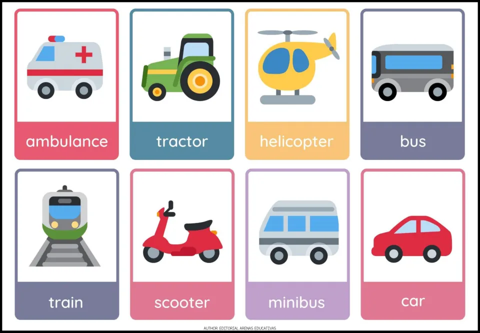 Transportation flashcards 1–8: ambulance, tractor, helicopter, bus, train, scooter, minibus, and car
