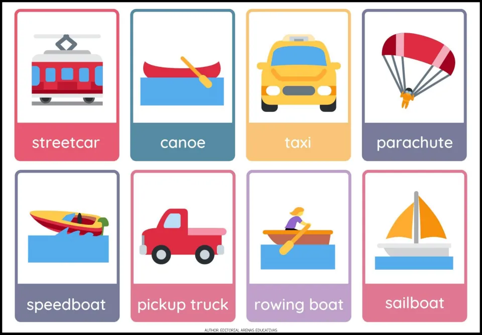 Transportation flashcards 9–16: streetcar, canoe, taxi, parachute, and four more illustrated transport cards