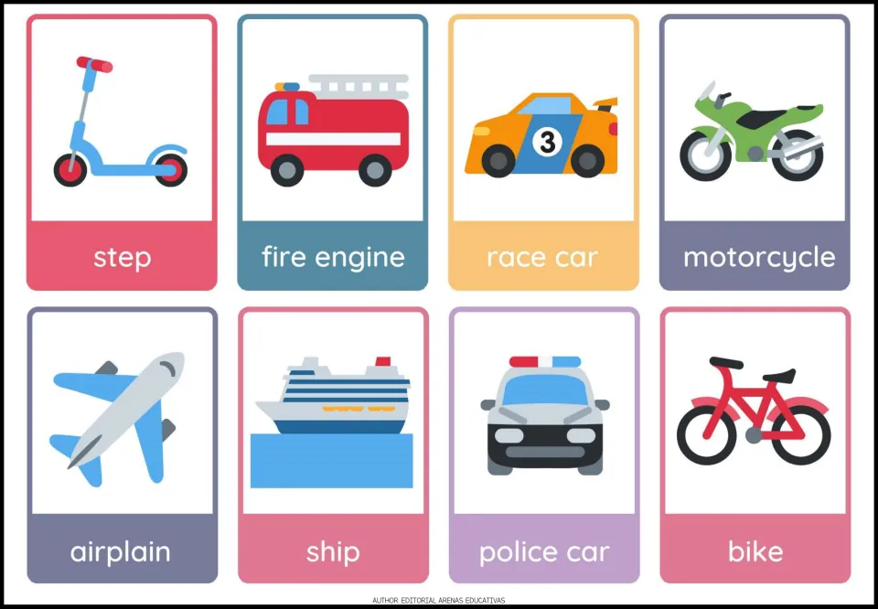 Transportation flashcards 17–24: 'step,' fire engine, race car, motorcycle, and four more picture cards