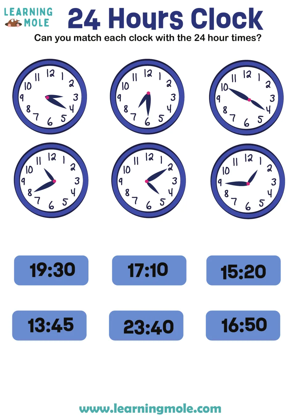 24-hour time: students match six analog clocks to cards such as 19:30, 13:45 and 23:40, practising clock reading