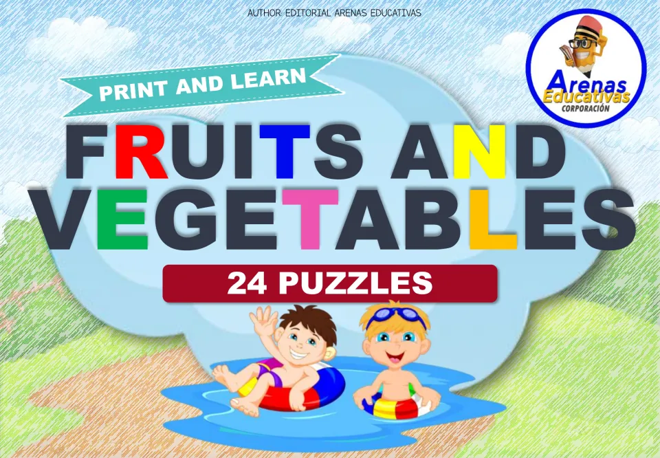 Cover for the fruit and vegetable number puzzle set, headed 'Print and Learn' and '24 Puzzles'