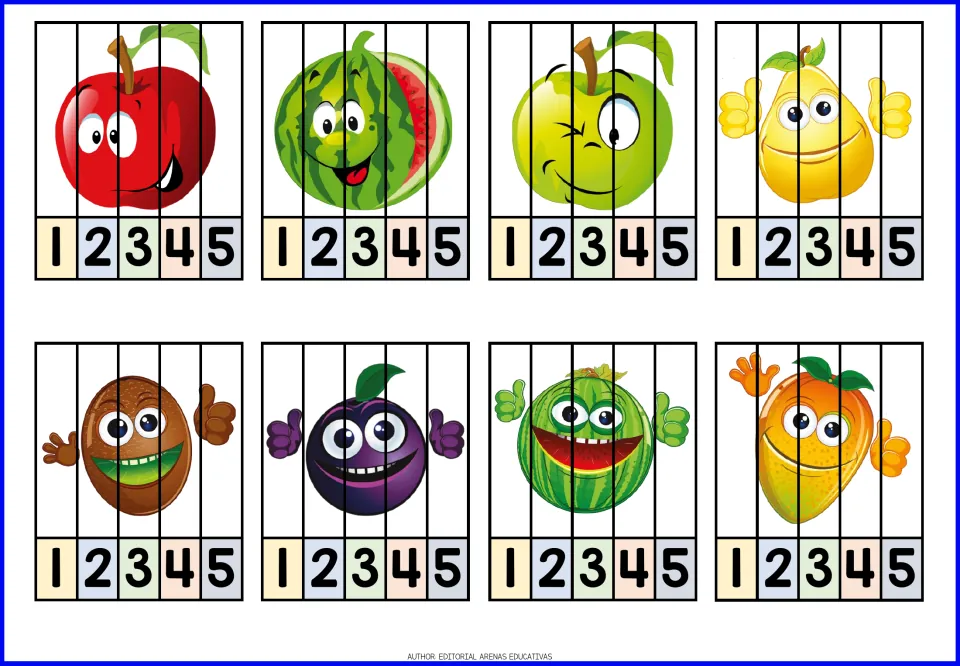 Fruit puzzles 1–8, each numbered 1–5, showing red and green apples, watermelon, pear and four more
