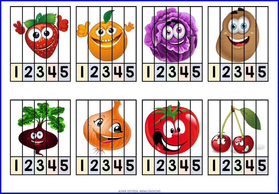 Fruit and vegetable puzzles 9–16, each numbered 1–5: strawberry, orange, cabbage, potato and four more
