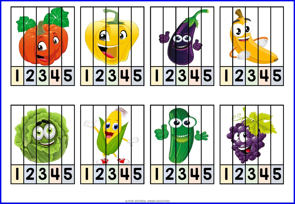 Fruit and vegetable puzzles 17–24, each numbered 1–5: pumpkin, pepper, eggplant, banana and four more