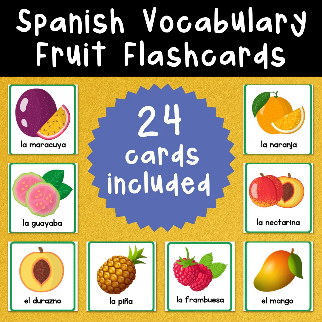 Spanish Fruit Flashcards – 24 Vocabulary Cards – cover