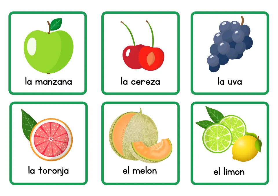 Spanish fruit vocabulary: six picture cards naming la manzana, la cereza, la uva, la toronja, el melon and el limon