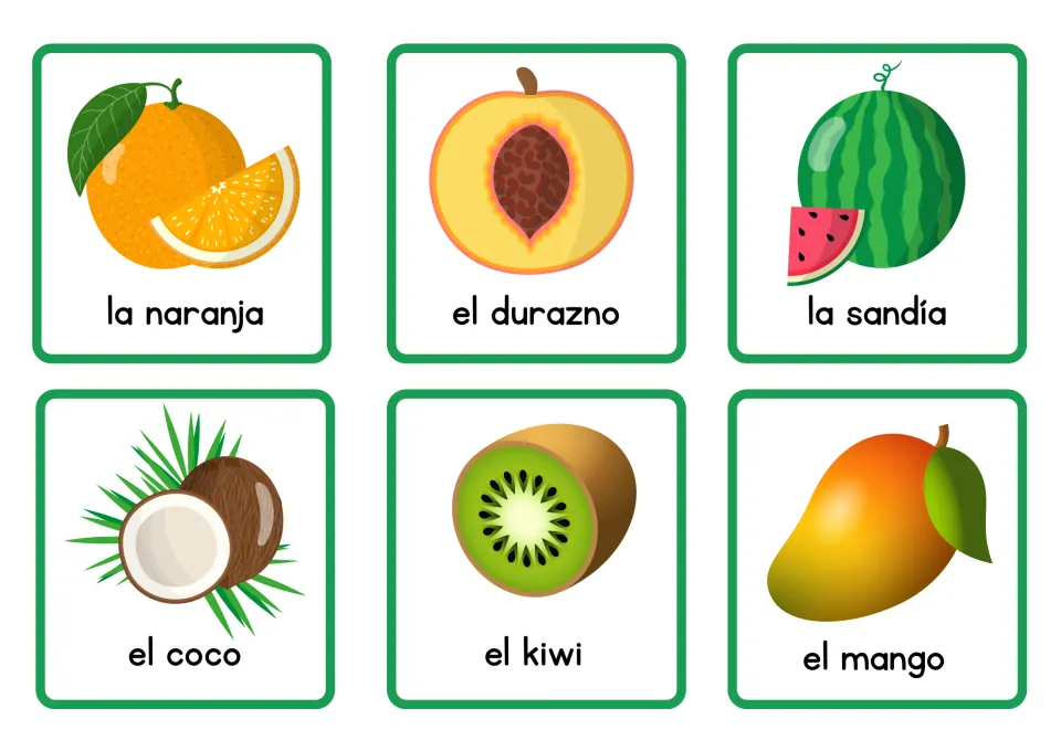 Spanish fruit words: six picture cards for la naranja, el durazno, la sandía, el coco, el kiwi and el mango