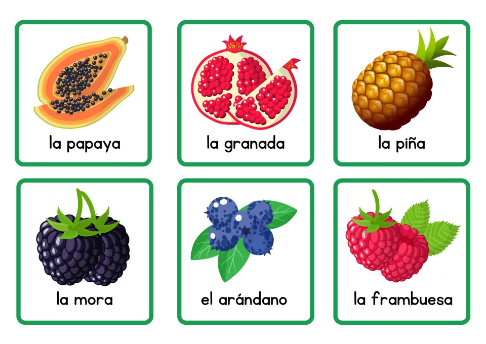 Spanish berry and tropical fruit cards: la papaya, la granada, la piña, la mora, el arándano and la frambuesa
