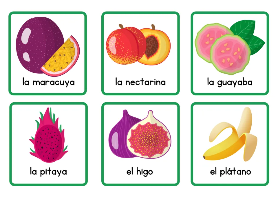 Spanish fruit picture cards to name: la maracuya, la nectarina, la guayaba, la pitaya, el higo and el plátano