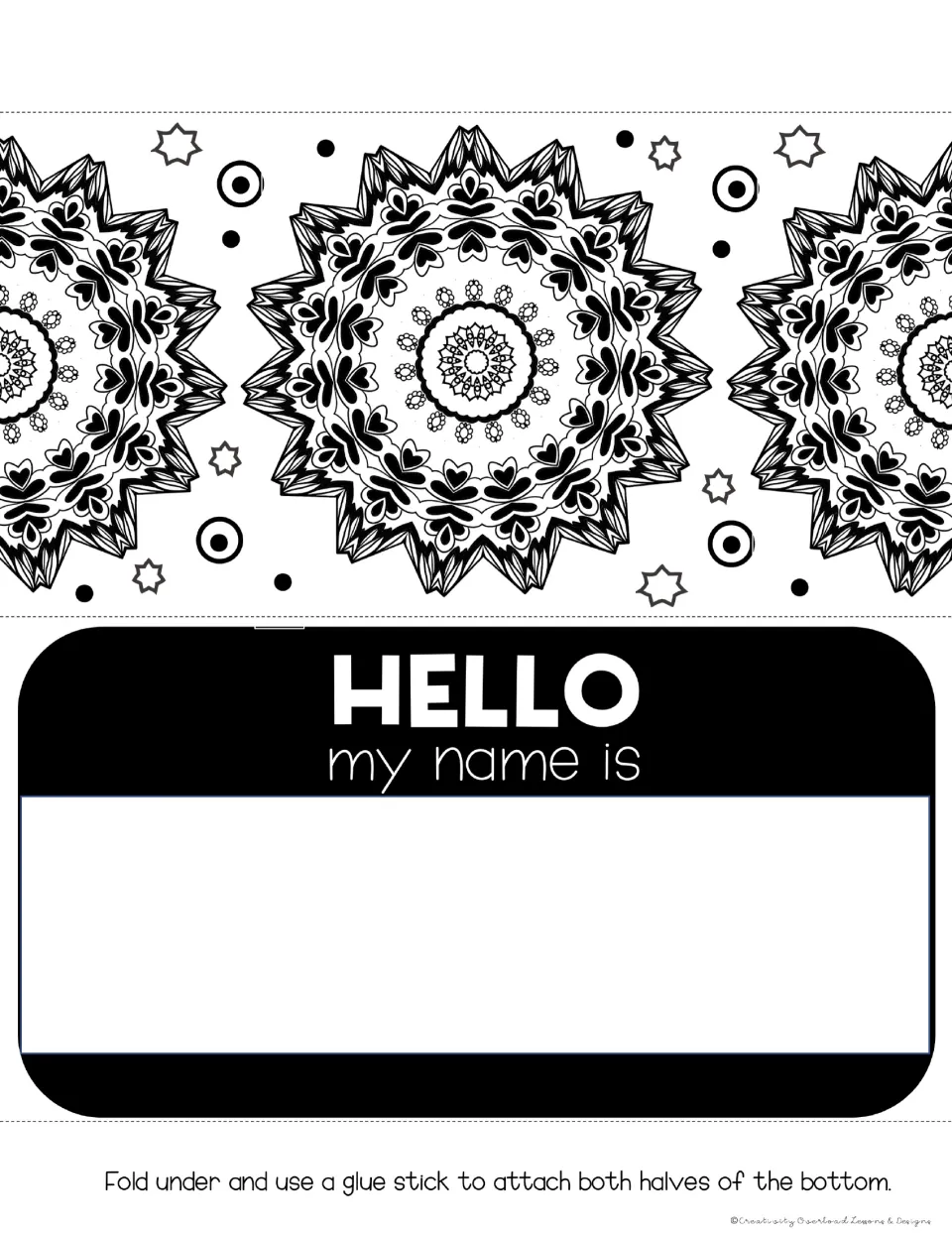 Desk tag 1: "HELLO my name is" with space for a name and pointed mandalas with heart-shaped details to color