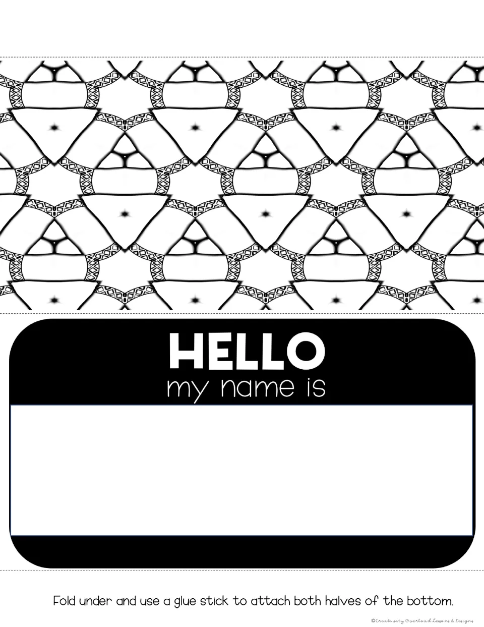 Desk tag 2: "HELLO my name is" with space for a name and a repeating geometric mandala pattern to color