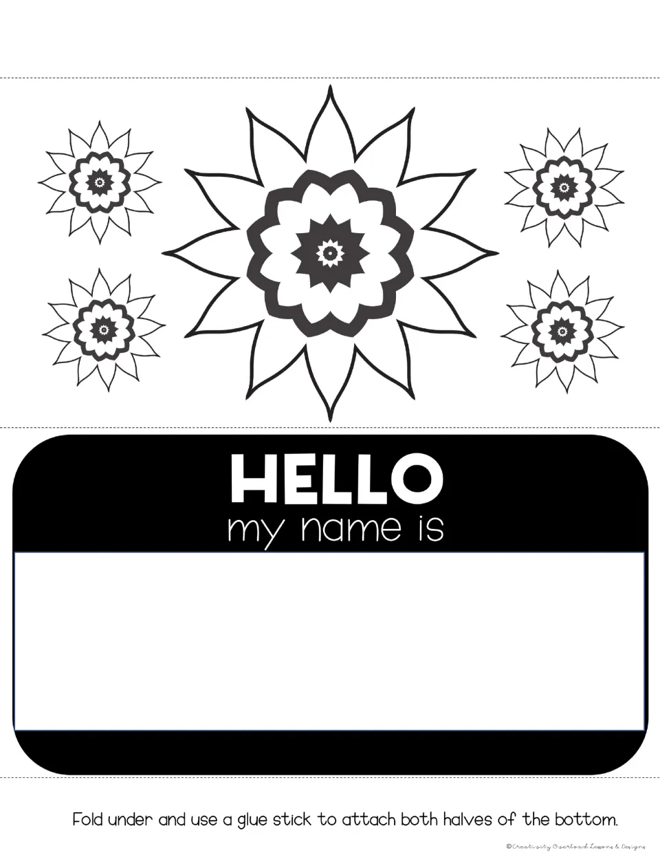 Desk tag 3: "HELLO my name is" with space for a name and five flower-shaped mandalas to color