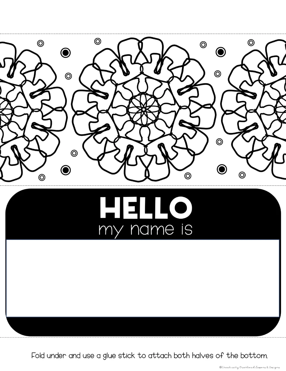 Desk tag 4: "HELLO my name is" with space for a name and looping, overlapping mandala petals to color