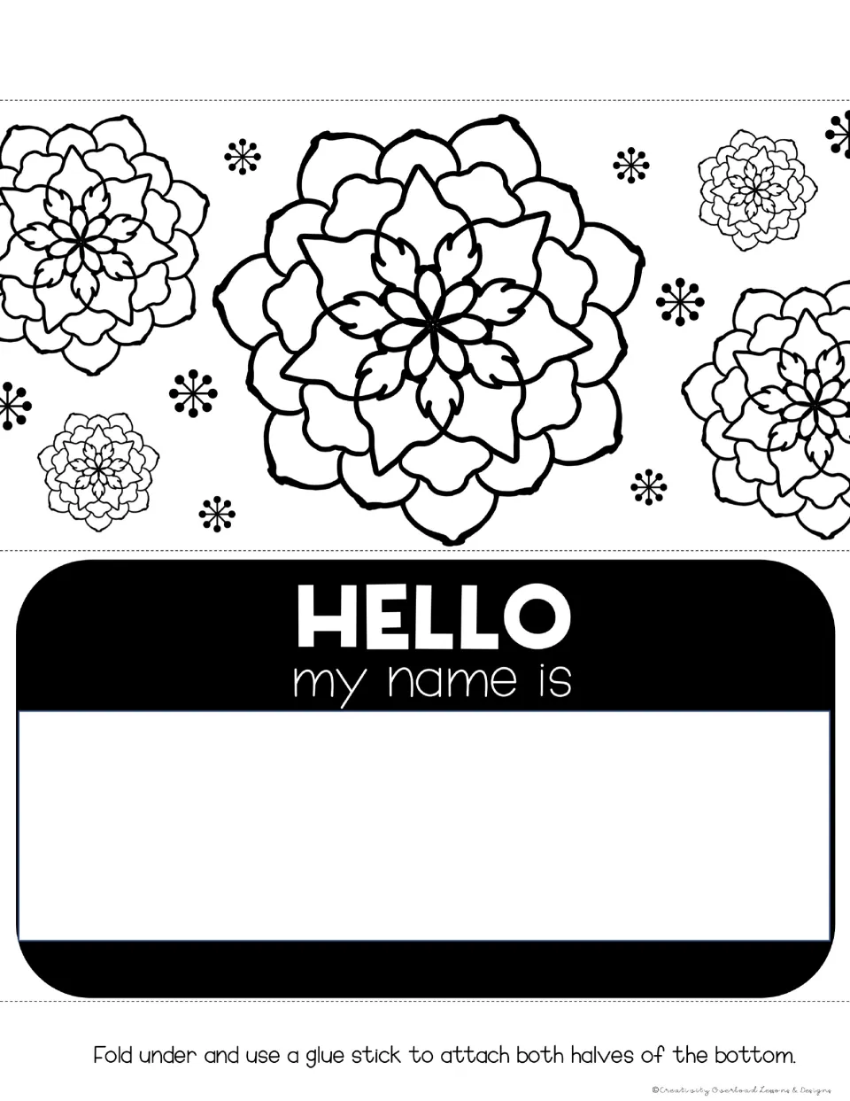 Desk tag 5: "HELLO my name is" with space for a name and layered floral mandalas in different sizes to color