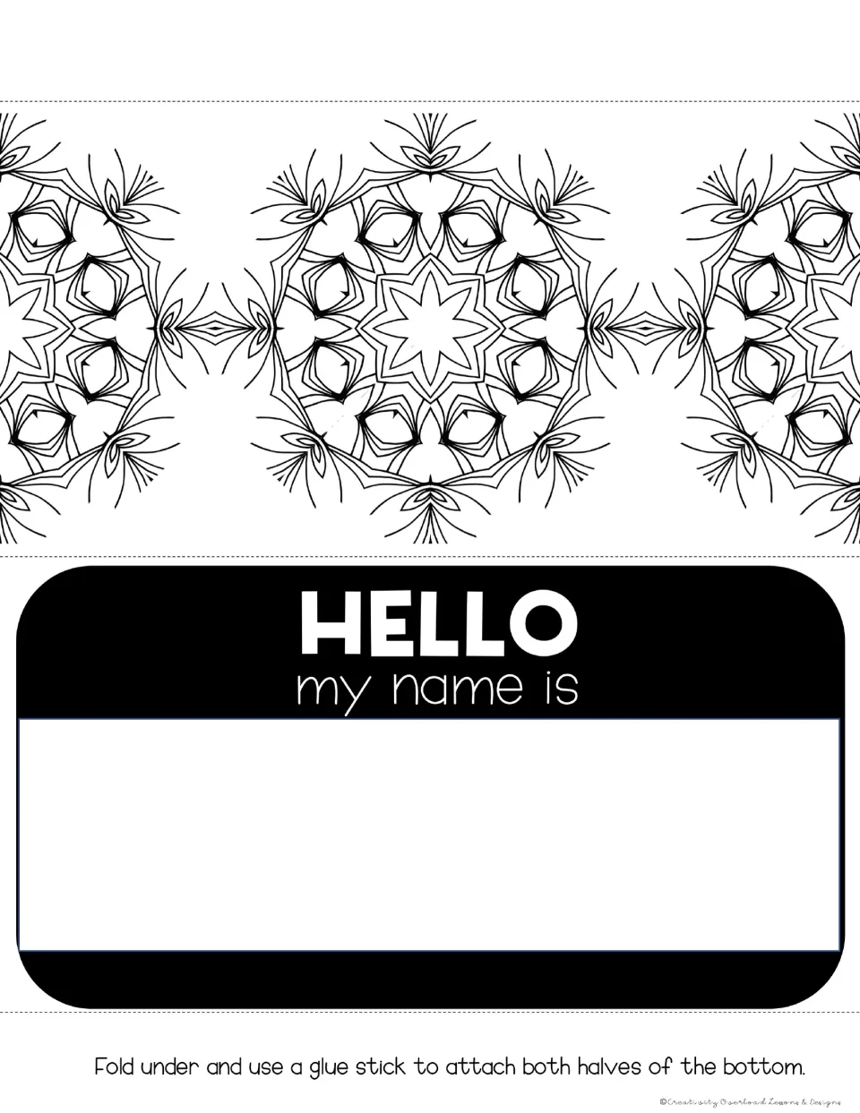 Desk tag 6: "HELLO my name is" with space for a name and mandalas with star centers and fine petals to color