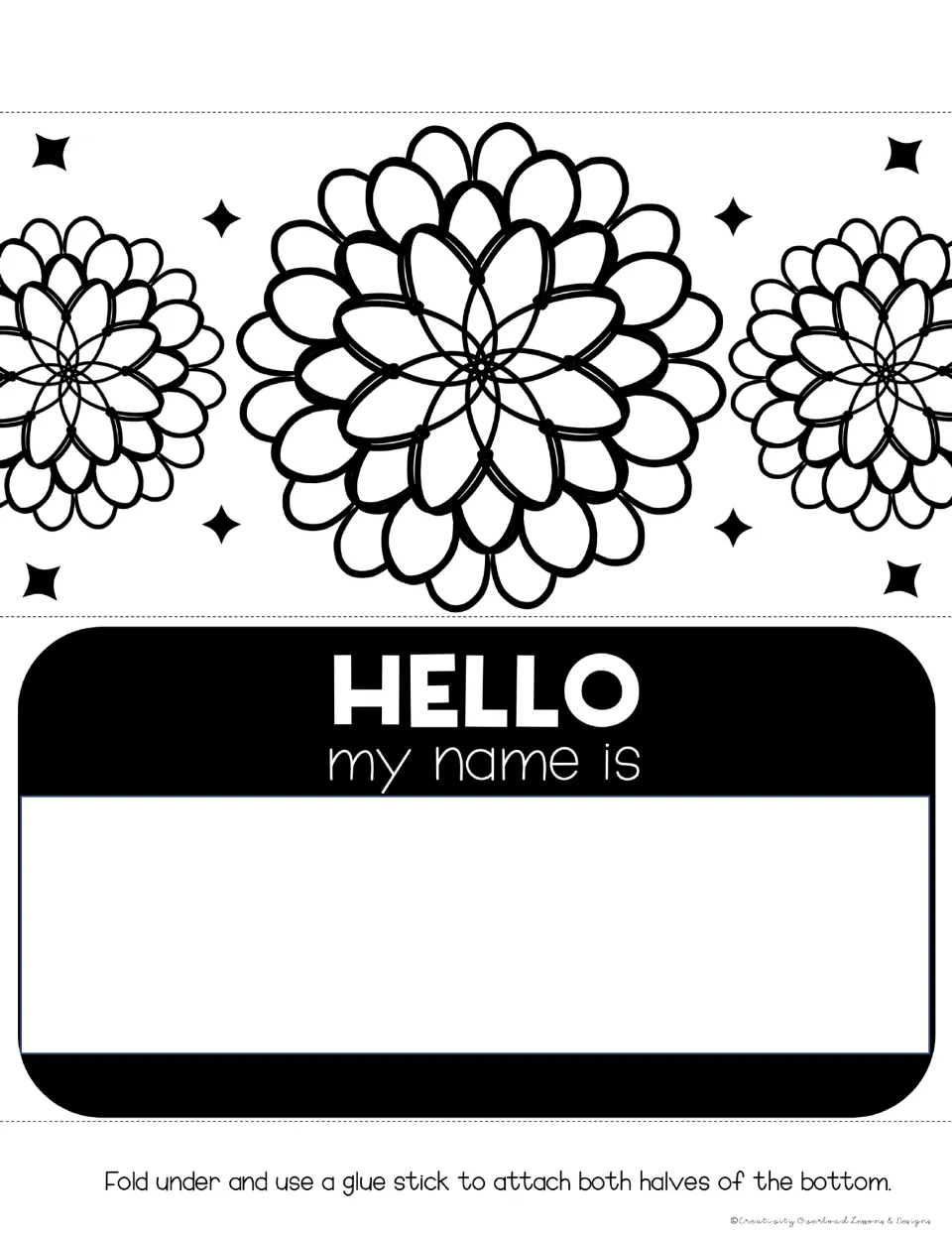 Desk tag 7: "HELLO my name is" with space for a name and flower mandalas with rounded, layered petals to color