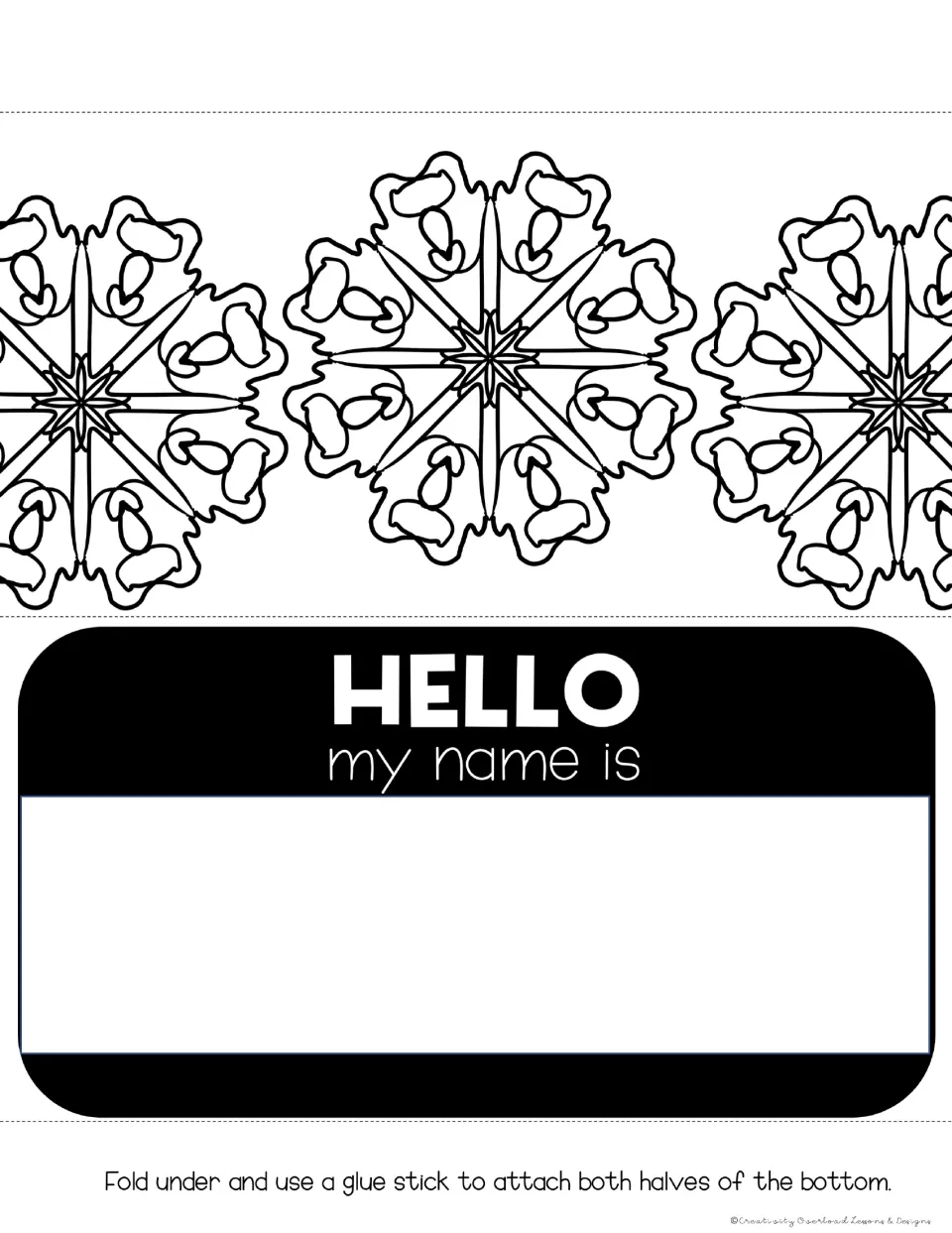 Desk tag 8: "HELLO my name is" with space for a name and mandalas with pointed spokes and curved motifs to color