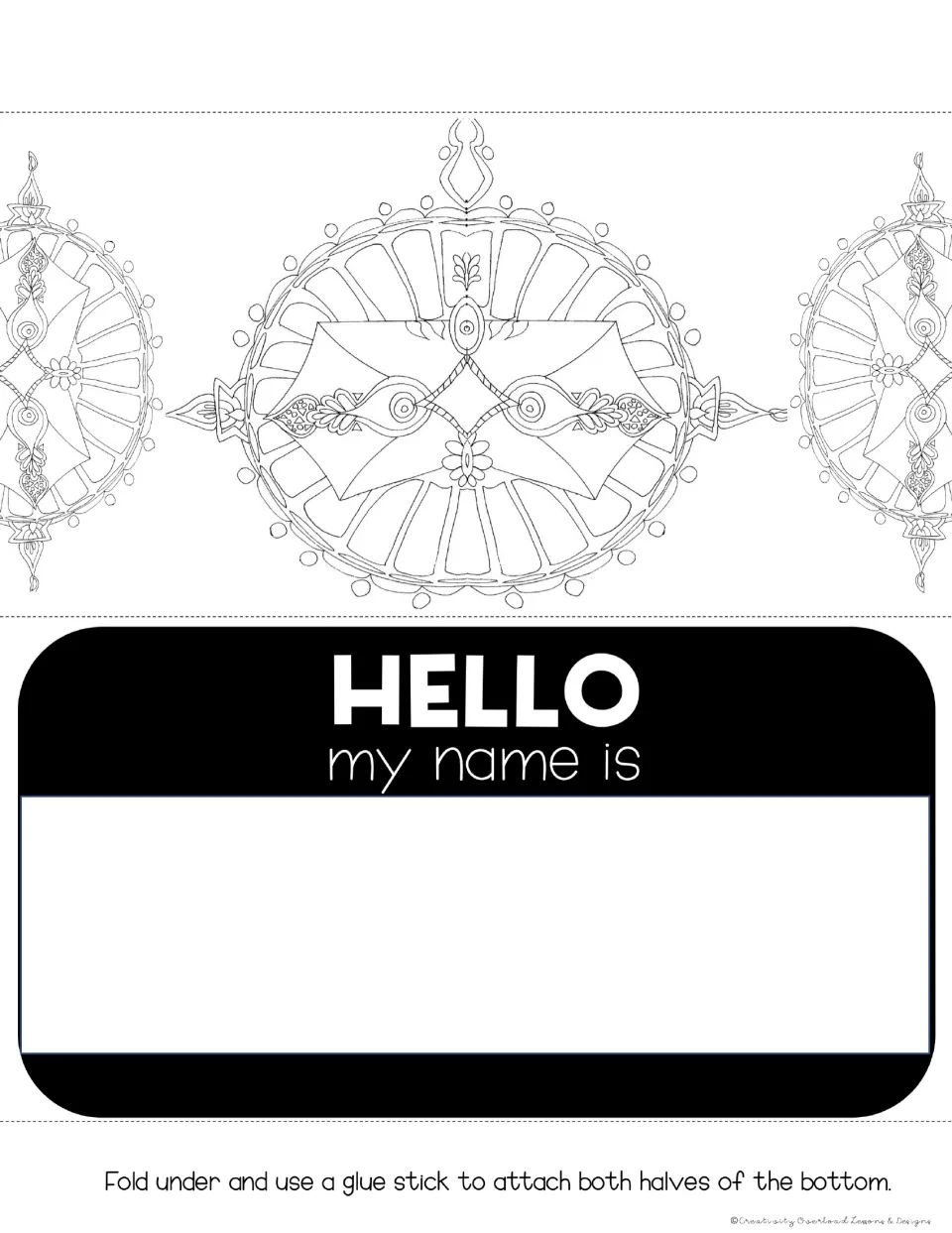 Desk tag 9: "HELLO my name is" with space for a name and fine-line oval mandalas with floral details to color
