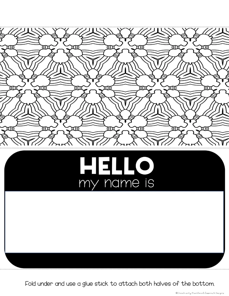Desk tag 10: "HELLO my name is" with space for a name and a repeating mandala pattern of curved bands to color