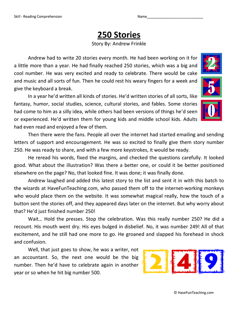 250 Stories Reading Comprehension Worksheet teaching resource preview