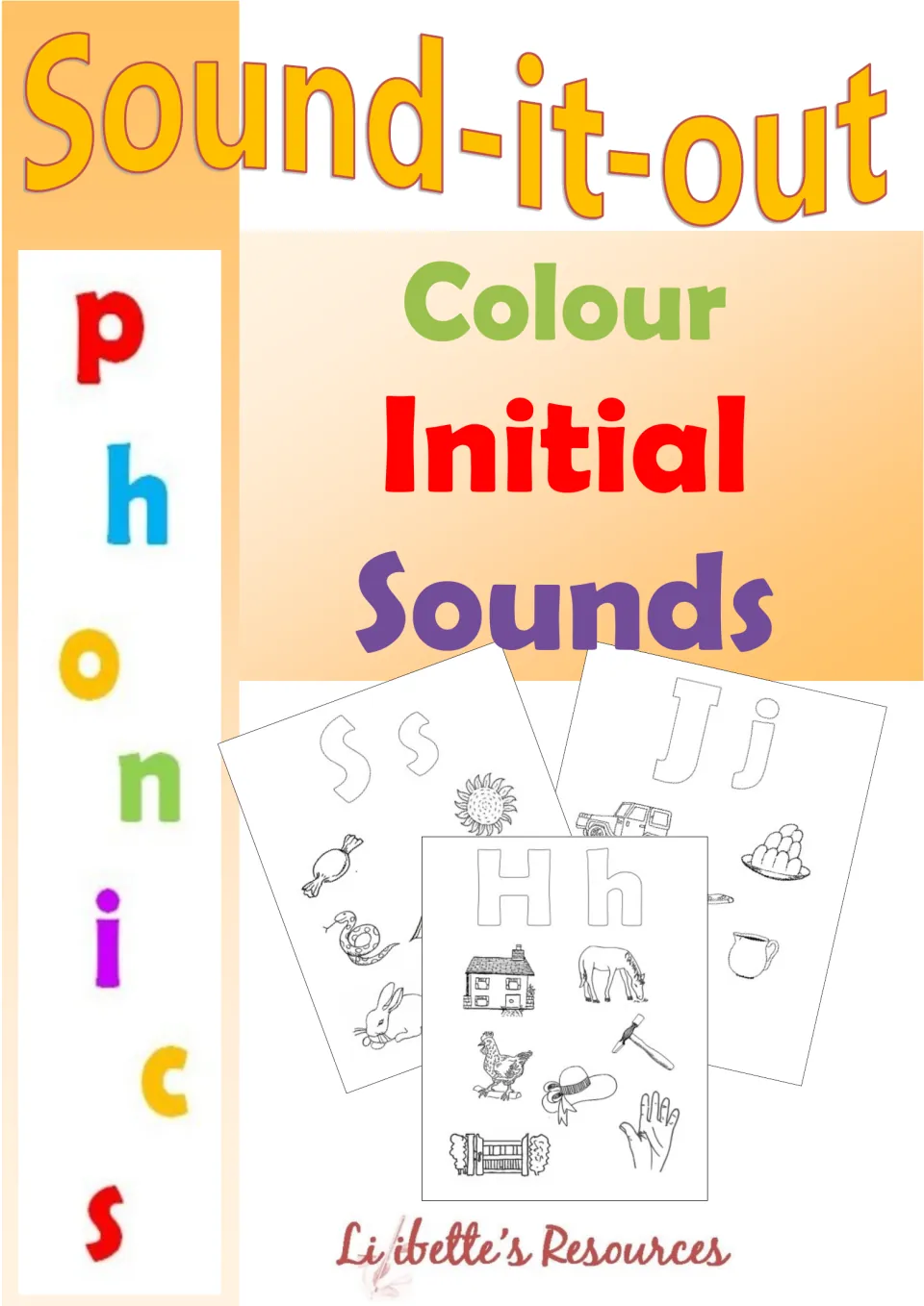Sound-it-out Colour Initial Sounds cover showing sample letter pages for S, J and H with outline letters and line drawings