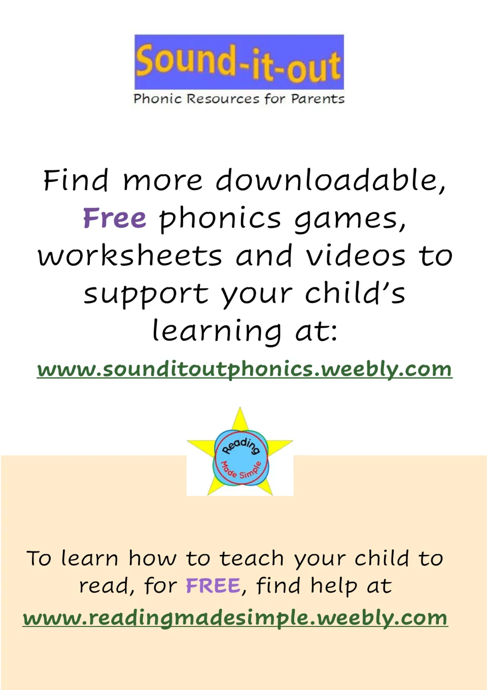 Sound-it-out promo page linking to free phonics games, worksheets and videos, plus a Reading Made Simple website