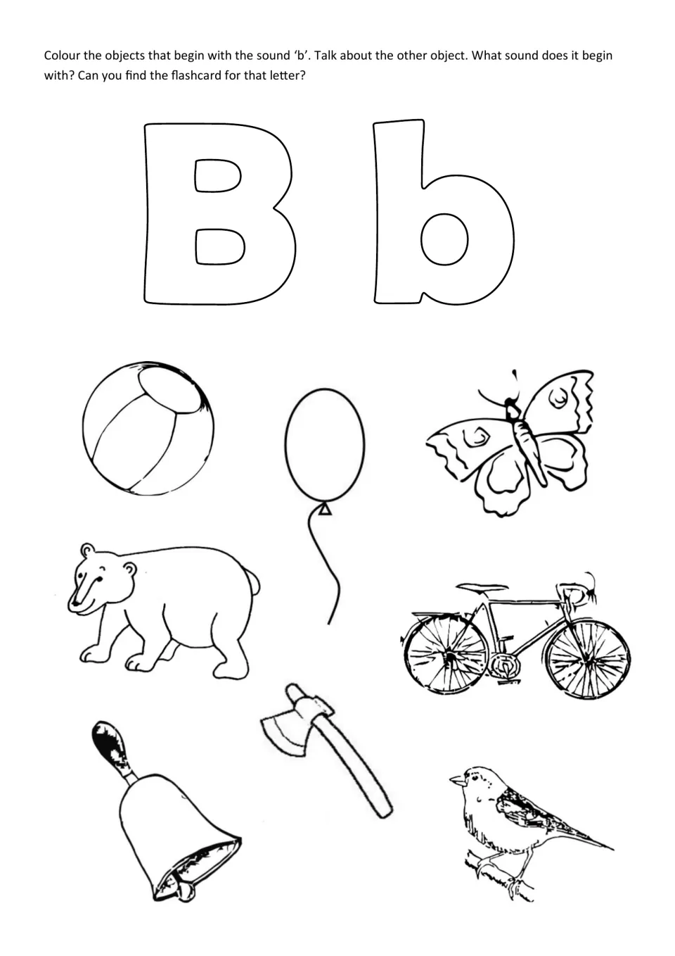 Initial sound b: students colour the ball, balloon, butterfly, bear, bike, bell and bird, then discuss the odd one, an axe