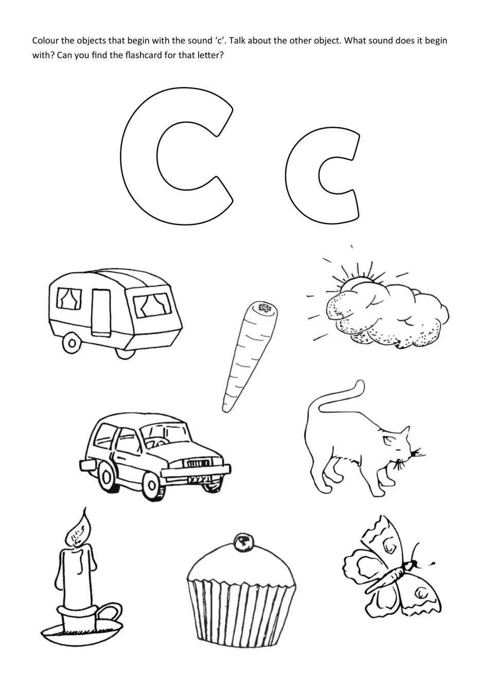 Initial sound c: students colour a caravan, carrot, cloud, car, cat, candle and cupcake; the butterfly is the odd one out