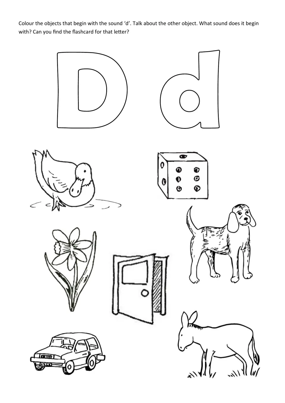 Initial sound d: students colour the duck, dice, dog, daffodil, door and donkey, then say what sound the car starts with