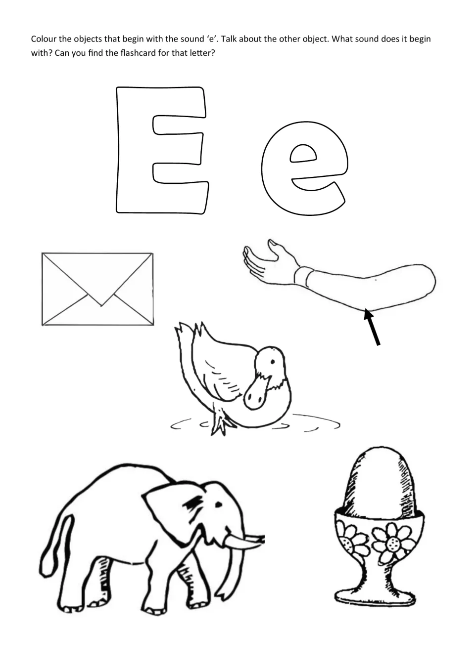 Initial sound e: students colour an envelope, elbow, elephant and egg in an egg cup, then talk about the odd one, a duck