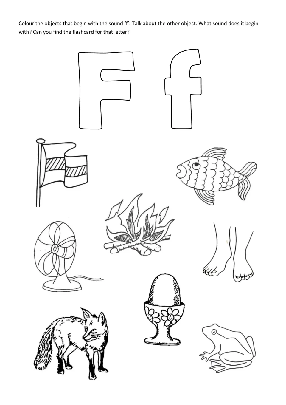 Initial sound f: students colour a flag, fish, fire, fan, feet, fox and frog, then name the odd one's first sound: egg