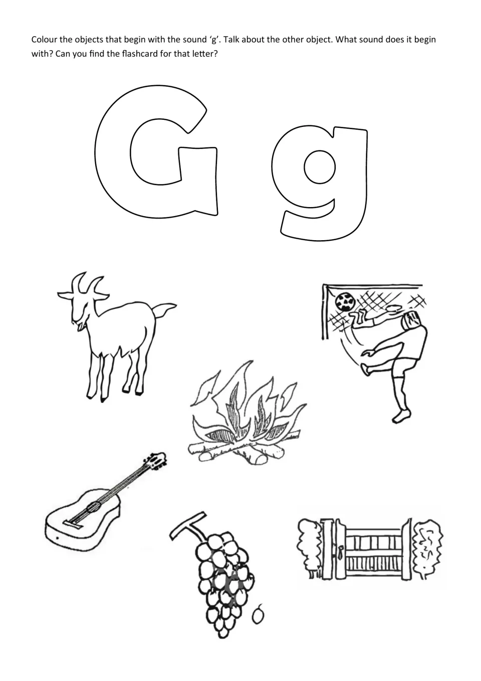 Initial sound g: students colour the goat, goal, guitar, grapes and gate, then say which sound starts the fire picture