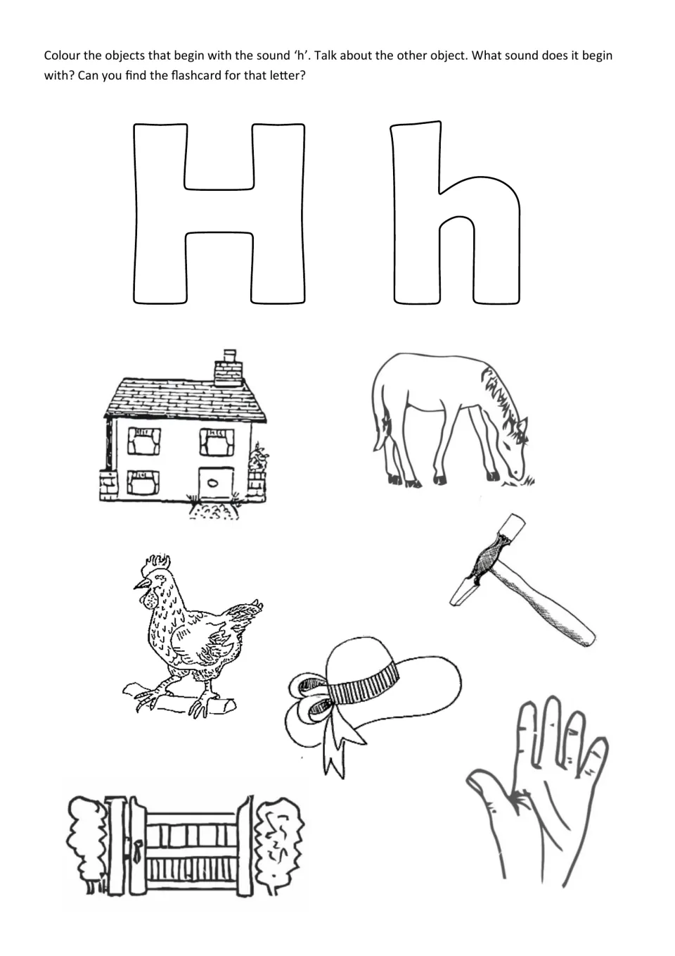 Initial sound h: students colour the house, horse, hen, hammer, hat and hand, then discuss the odd picture out, a gate