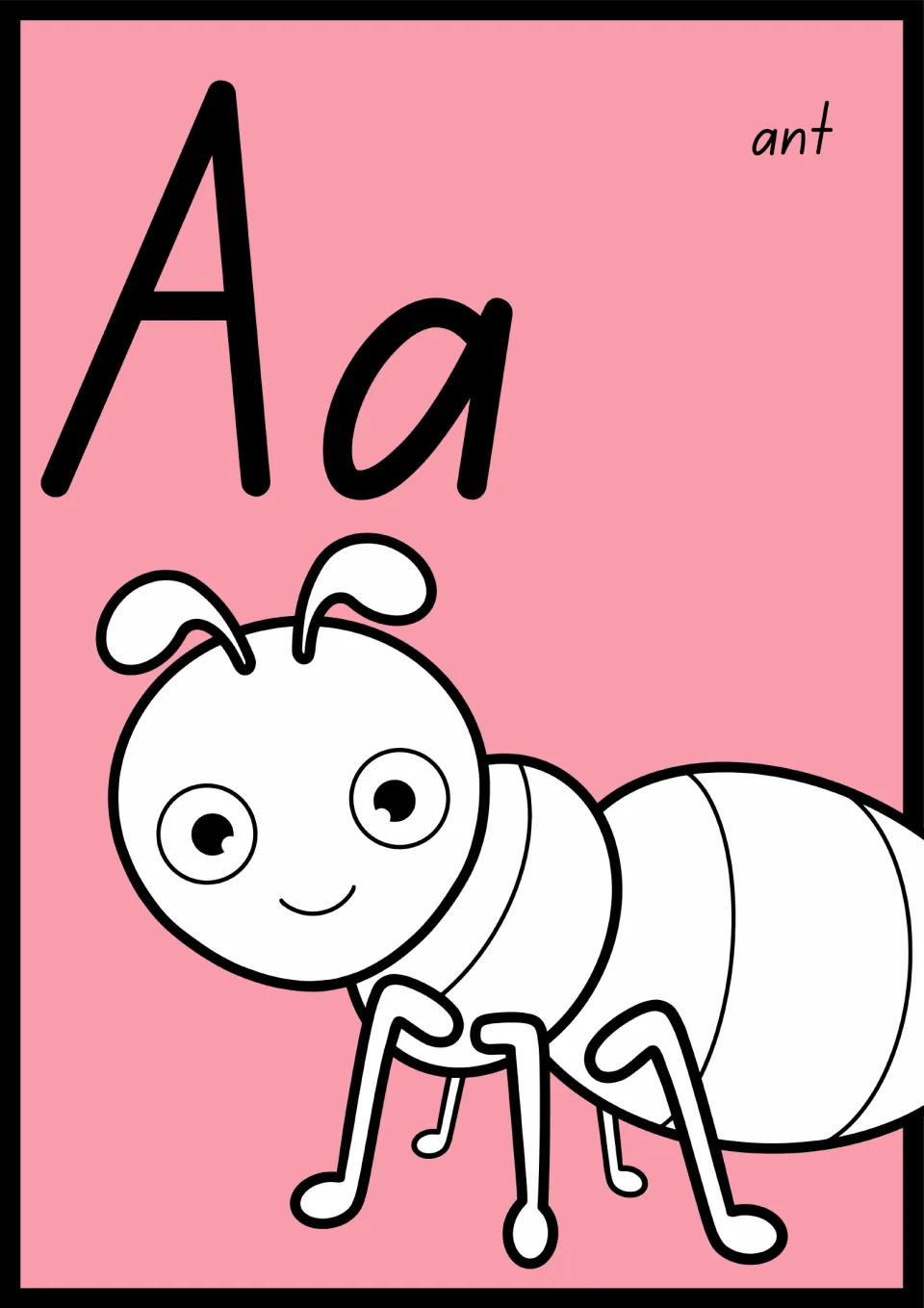 Animal alphabet poster for A: uppercase A and lowercase a paired with the word 'ant' and an ant illustration.