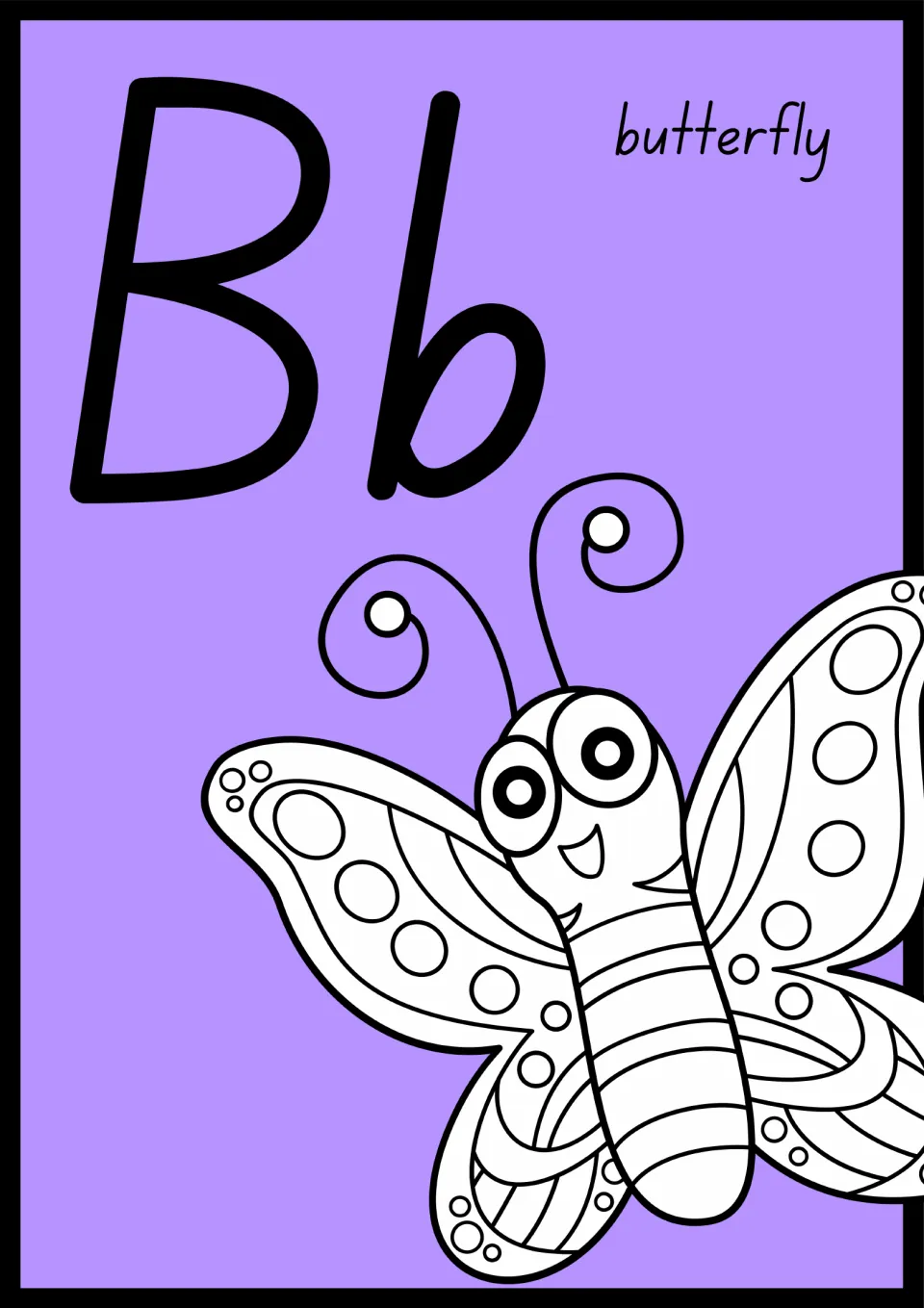 Animal alphabet poster for B: uppercase B and lowercase b paired with a butterfly illustration labeled 'butterfly'.