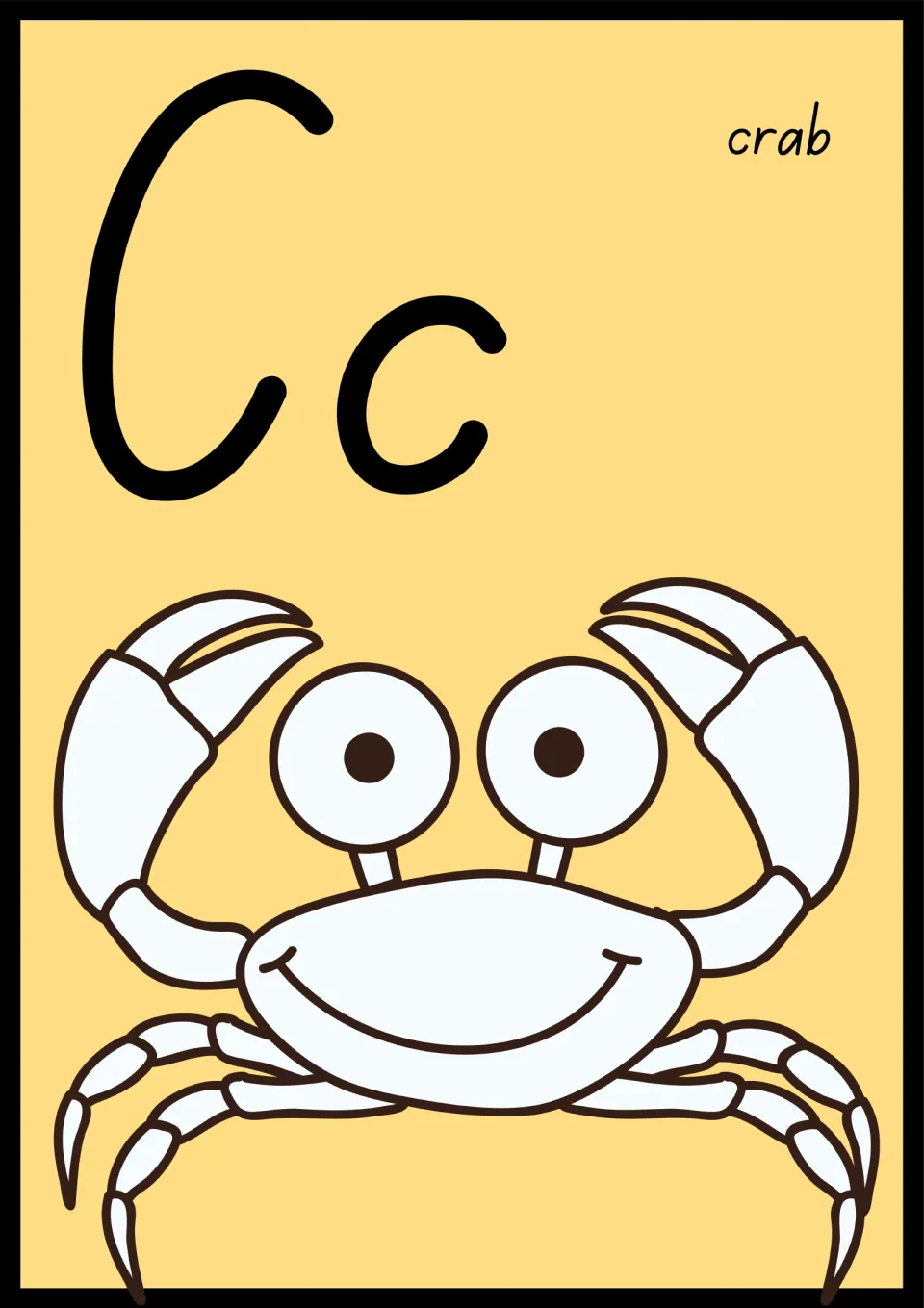 Animal alphabet poster for C: uppercase C and lowercase c paired with the word 'crab' and a crab illustration.