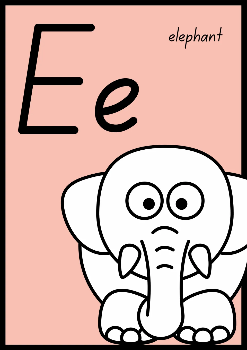 Animal alphabet poster for E: uppercase E and lowercase e paired with an elephant illustration labeled 'elephant'.