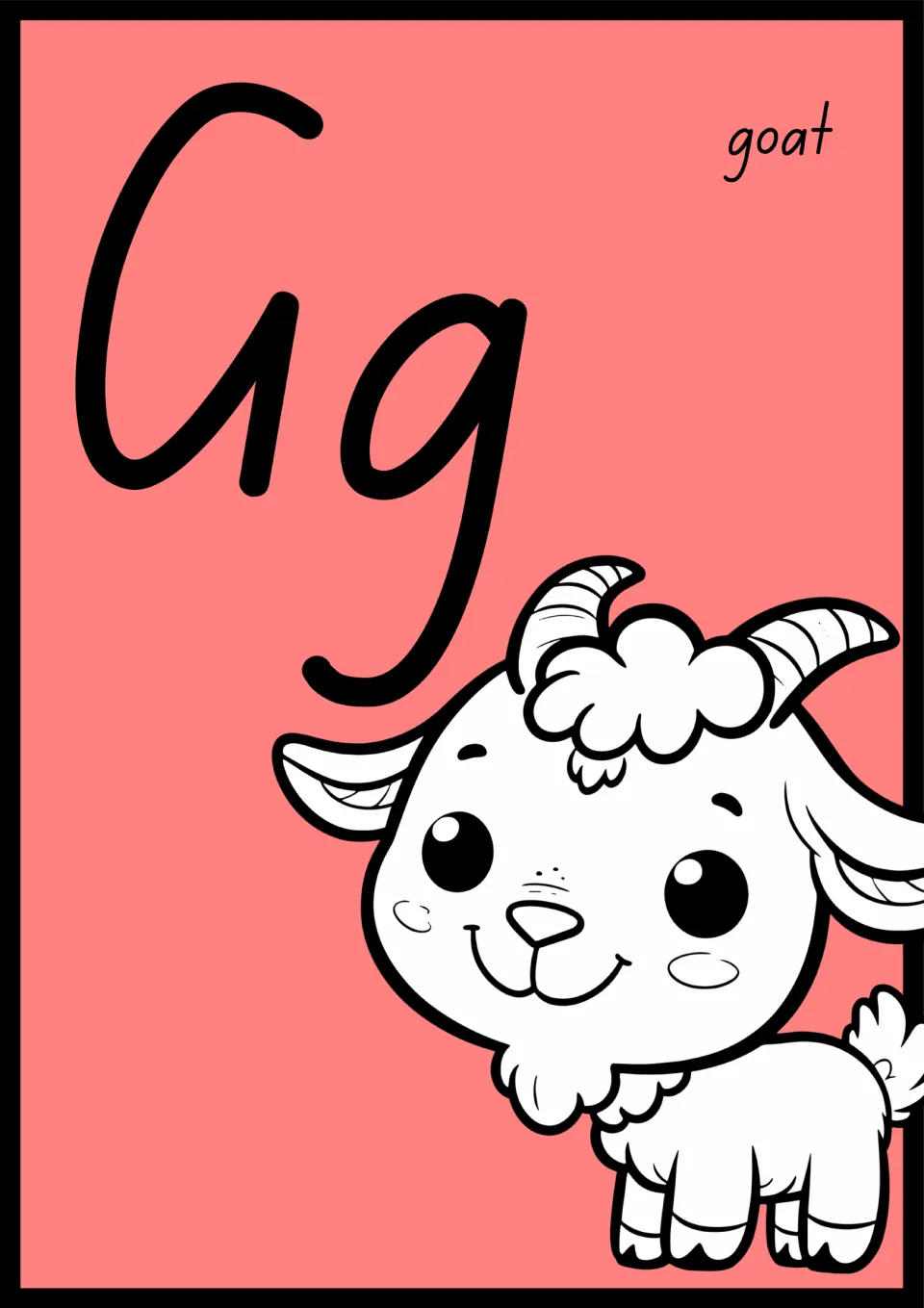 Animal alphabet poster for G: uppercase G and lowercase g paired with the word 'goat' and a goat illustration.