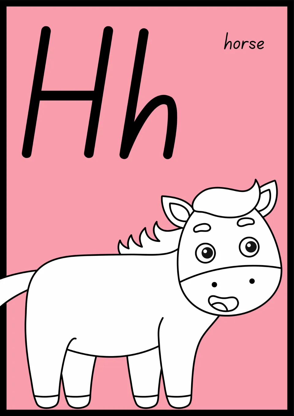 Animal alphabet poster for H: uppercase H and lowercase h paired with the word 'horse' and a horse illustration.